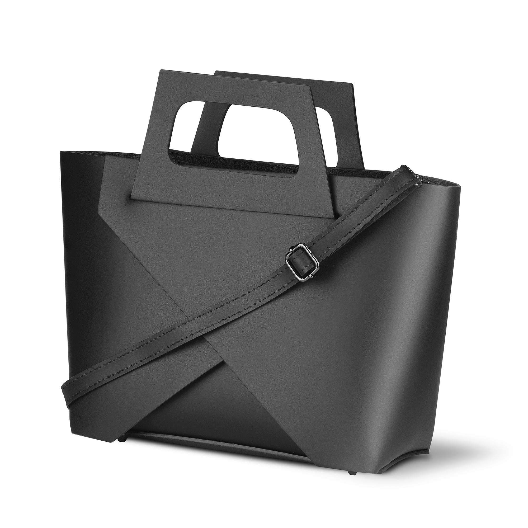 Black colour Italian leather handbag with a unique handle and removable crossbody strap on a white background 
Removable zipped pouch inside the bag
Made in Italy 