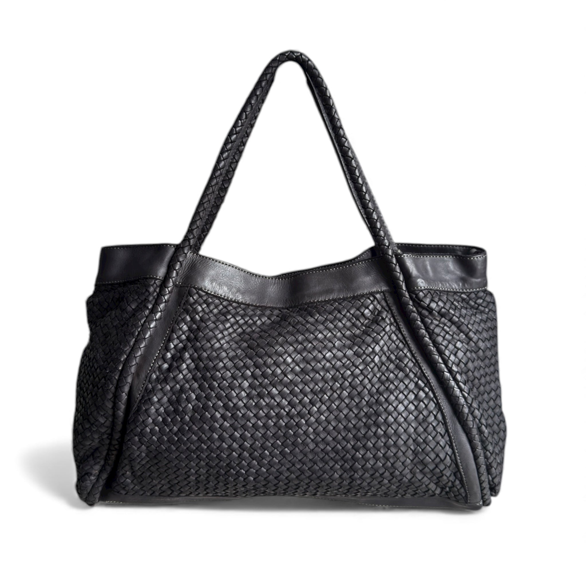 Black hand woven Italian leather tote handbag removable leather shoulder strap made in Italy 