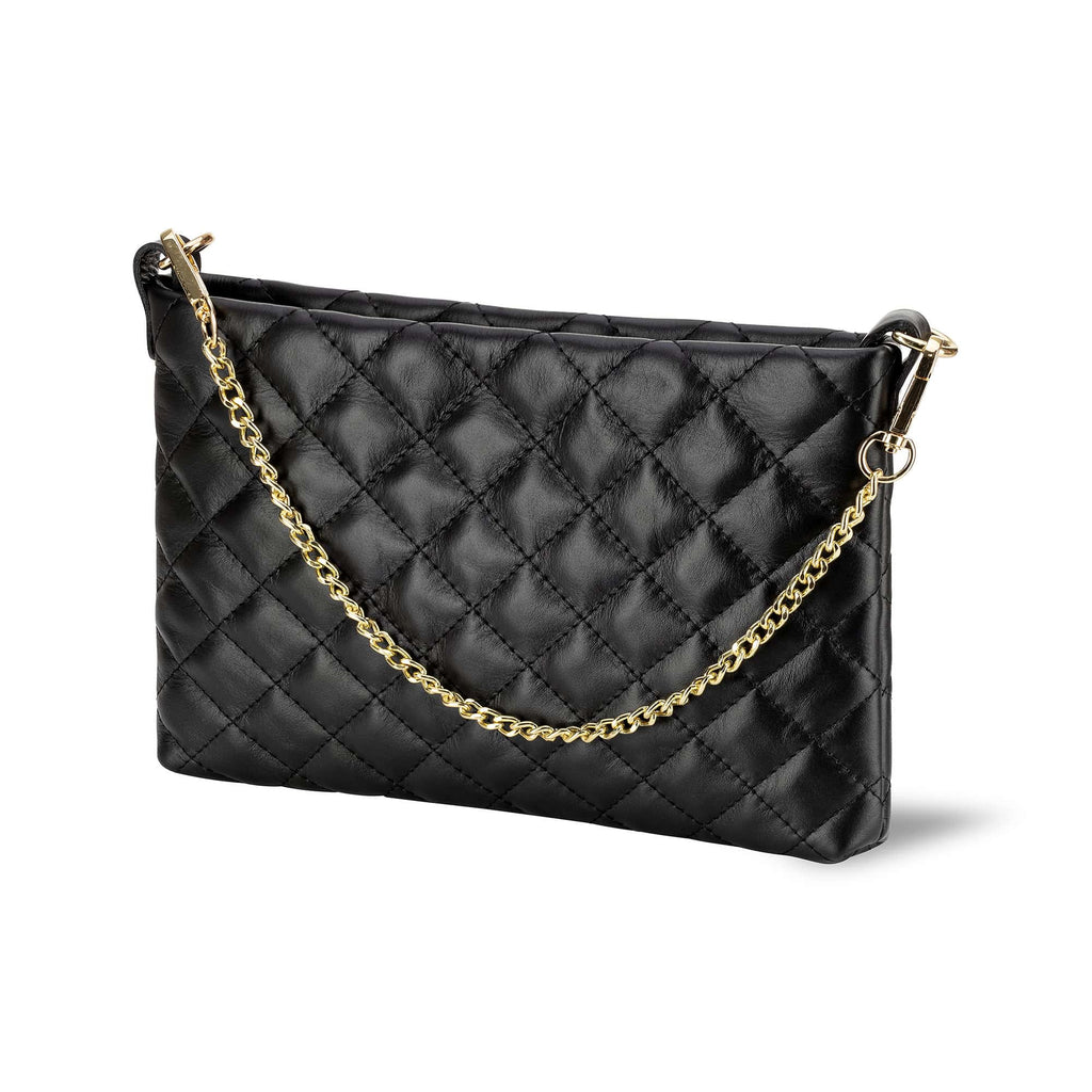 Black leather quilted handbag with a gold chain strap on a white background