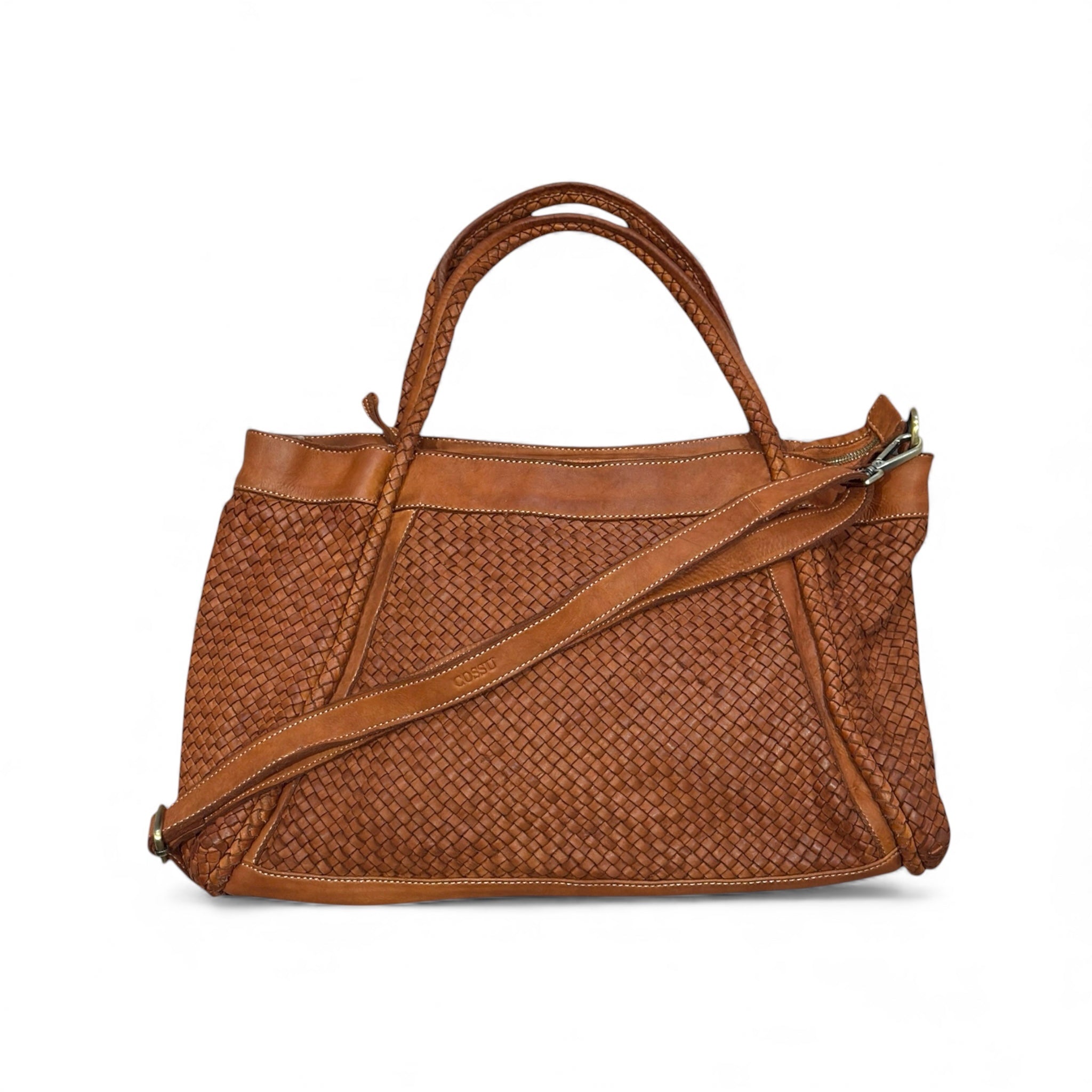 Gia Tan colour hand woven Italian leather tote handbag showing a removable leather shoulder strap 