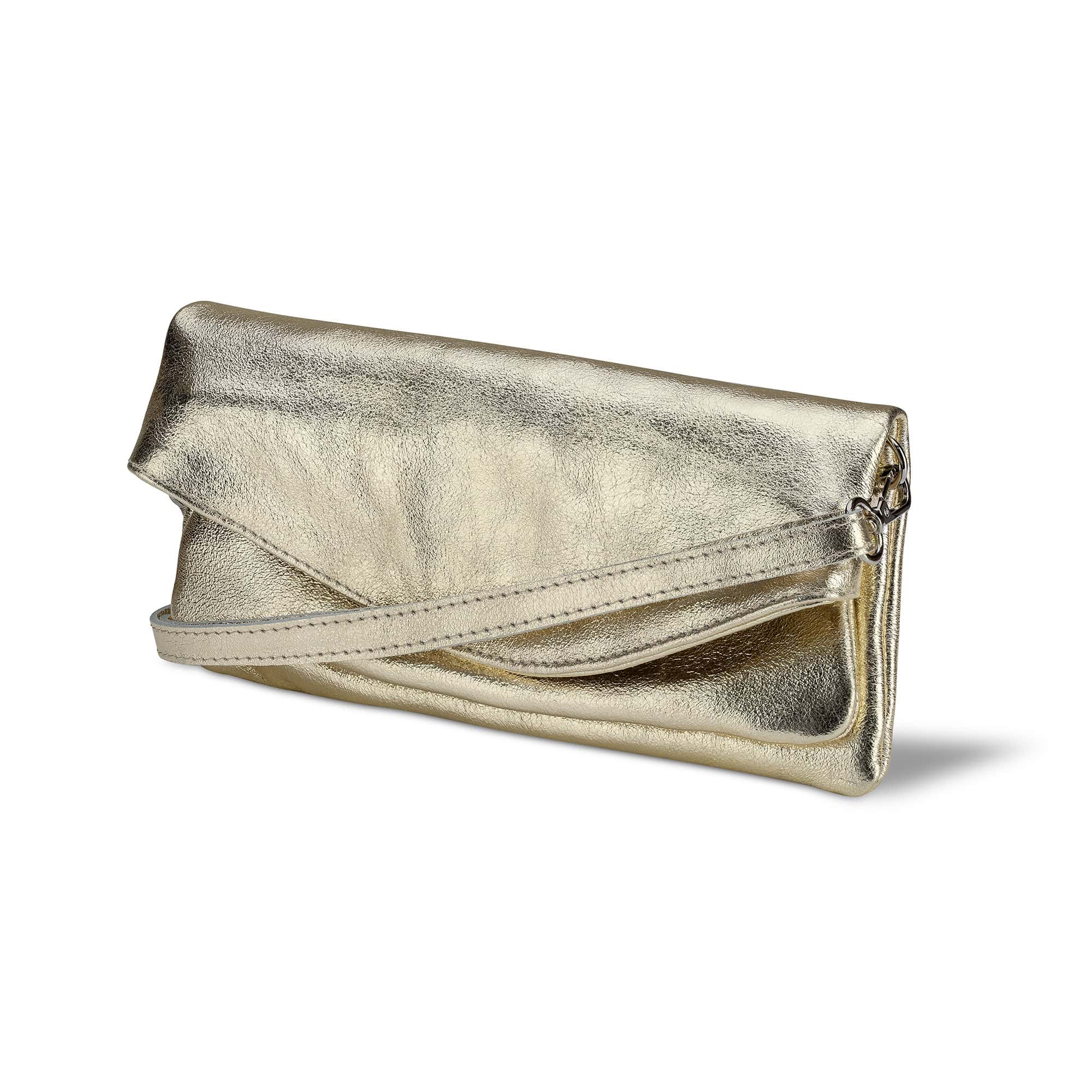 Gold metallic clutch Italian leather bag on a white background removable leather shoulder strap 
Made in Italy 