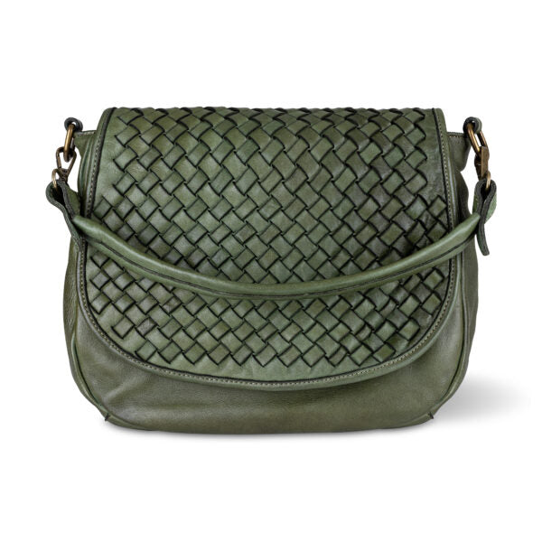 Olive green handwoven Italian leather handbag 
Inside zipped pocket 
Made in Italy 
Sussex Kent Surrey Independent handbag retailer 