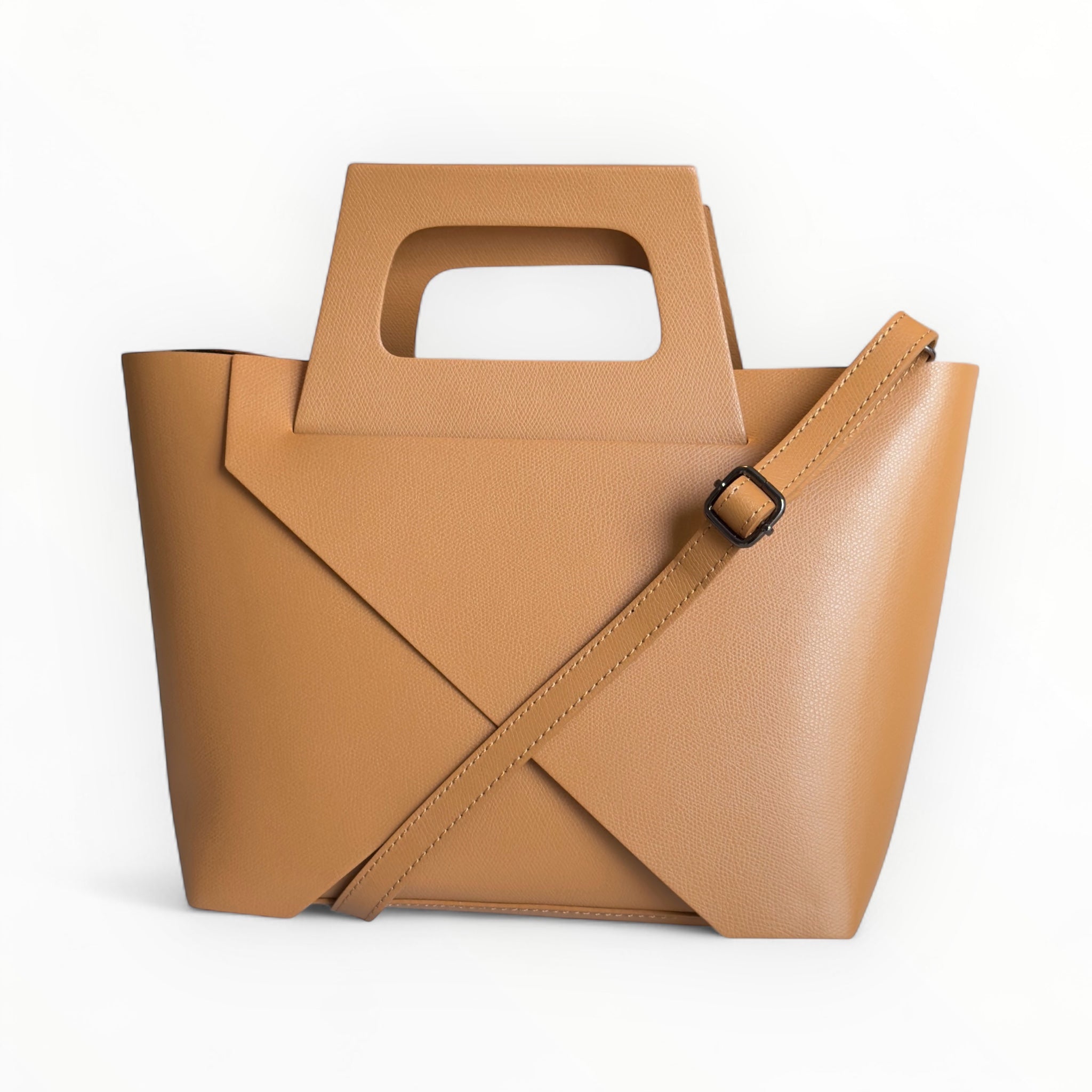 Tan handbag with a unique handle design on a white background removable shoulder strap
