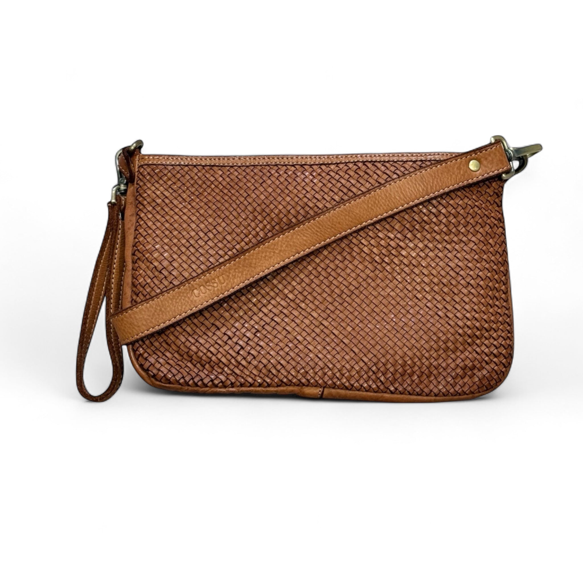 Italian handwoven leather pouch colour tan removable shoulder wrist strap made in Italy 
Kent Surrey Sussex independent handbag retailer 