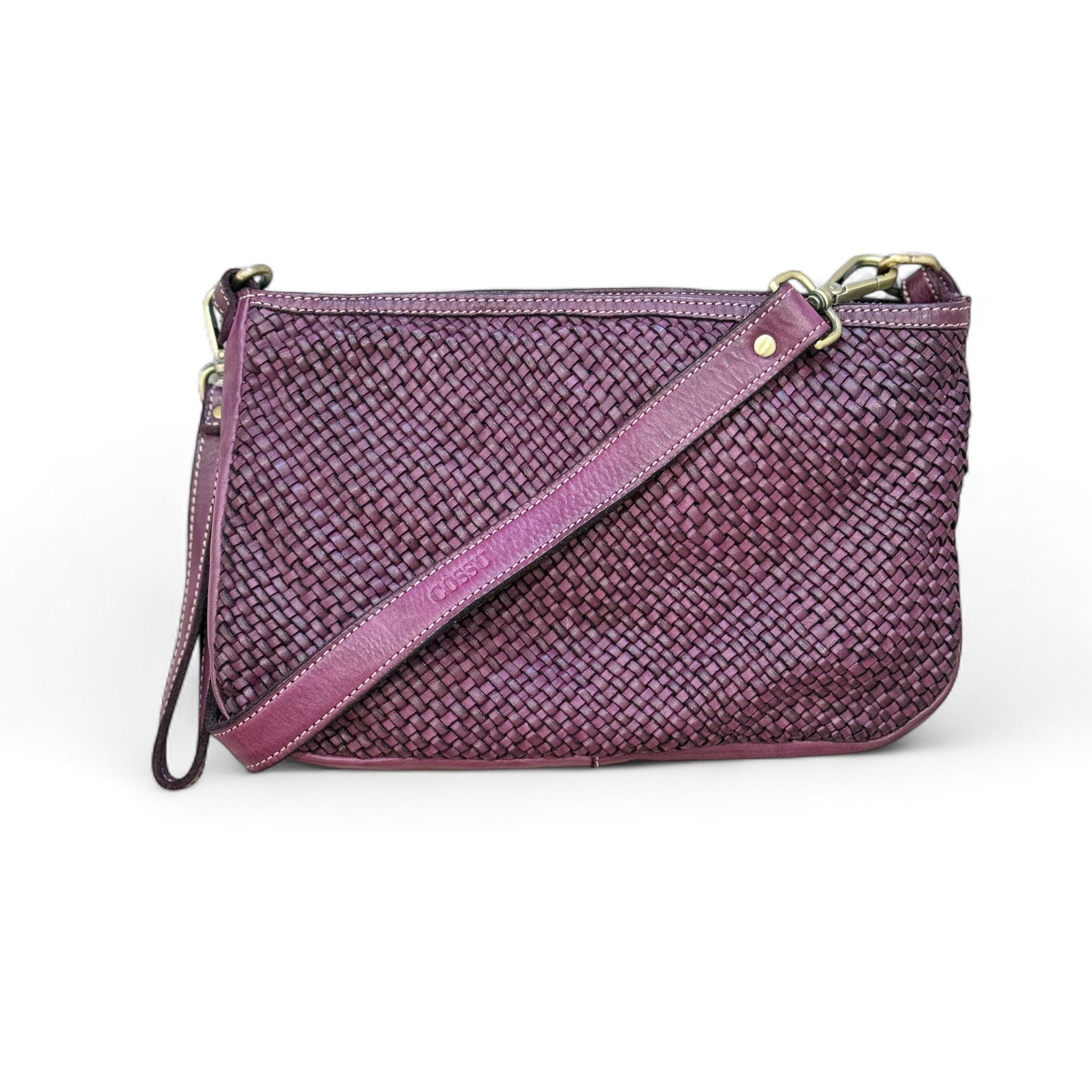 Burgundy Aubergine colour handwoven Italian leather pouch handbag with a removable leather shoulder wrist strap on a white background made in Italy 
Kent Sussex Surrey Independent handbag retailer 