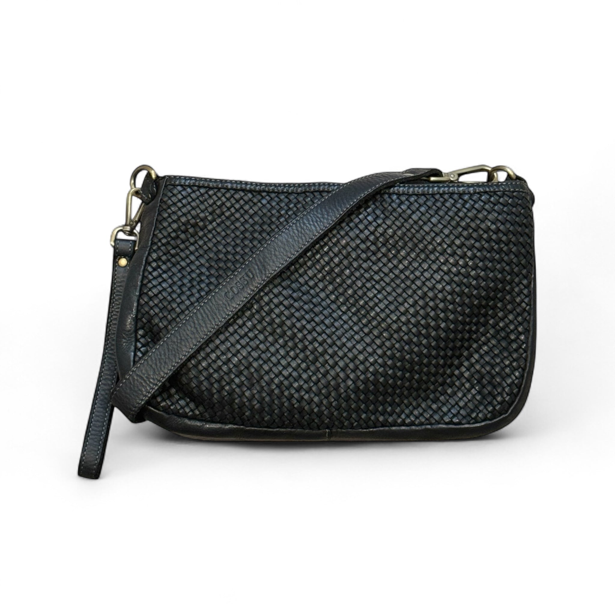 Black handwoven Italian leather pouch handbag with a leather strap on a white background 
removable shoulder wrist strap made in Italy 
Kent Surrey Sussex Independent handbag retailer 