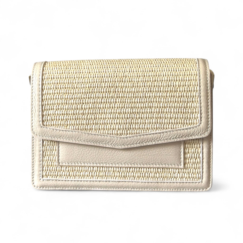 Cream colour Italian raffia and leather handbag front image made in Italy 