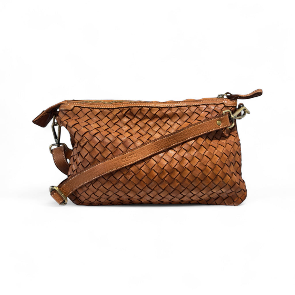 Tan  handwoven Italian leather handbag on a white background removable leather shoulder strap made in Florence Italy 