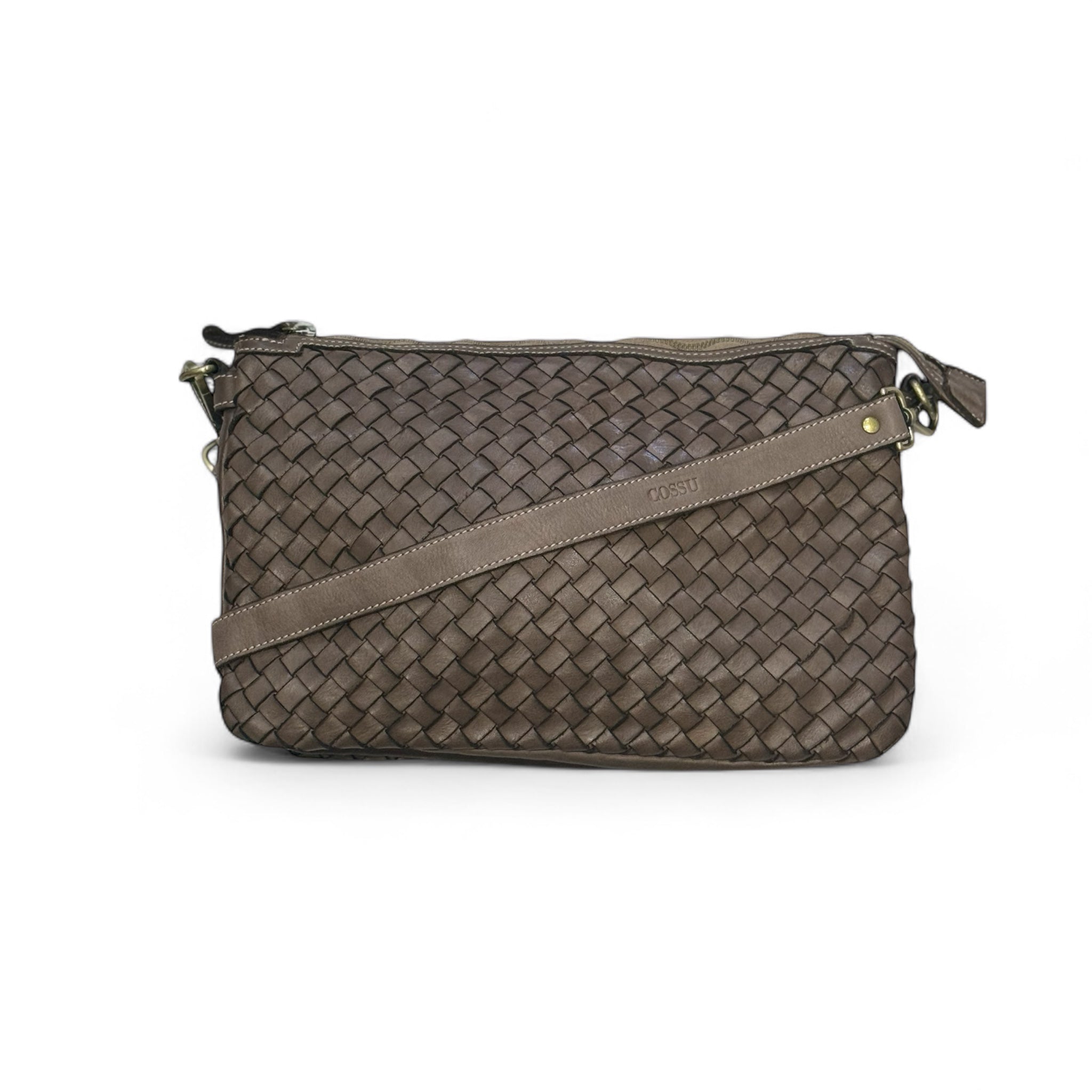 Taupe hand woven Italian leather handbag with a leather removable strap on a white background