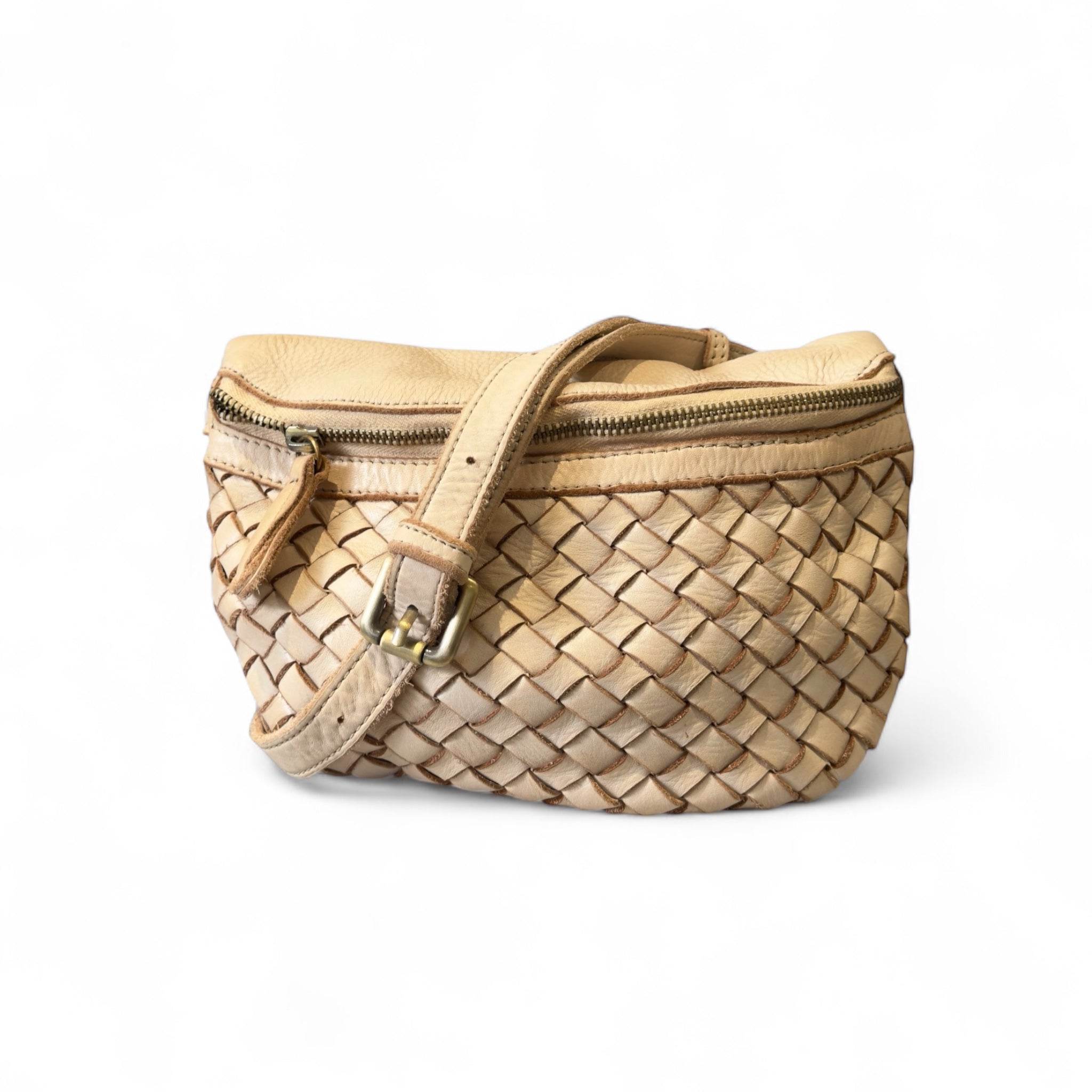 Cream handwoven Italian leather cross body hands free bag made in Italy zip closure 