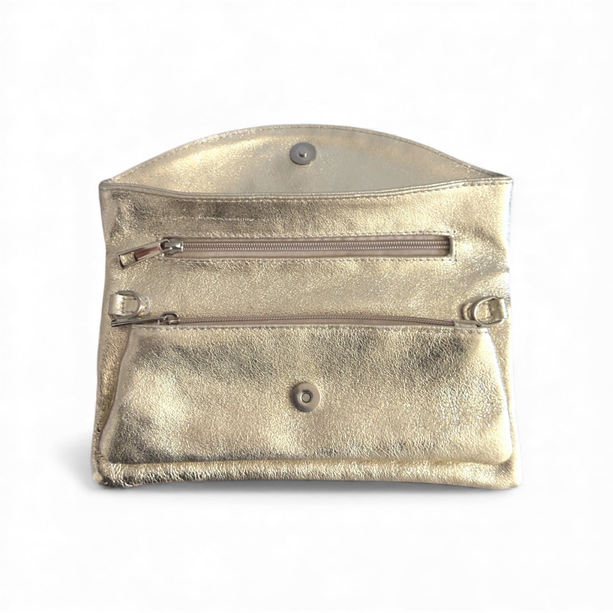 Gold leather clutch open showing the 3 zipped compartments 
