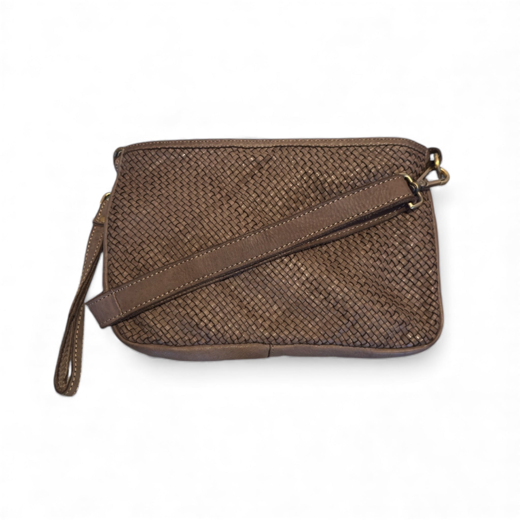 Taupe Handwoven Italian leather pouch on a white background with a removable leather shoulder strap 