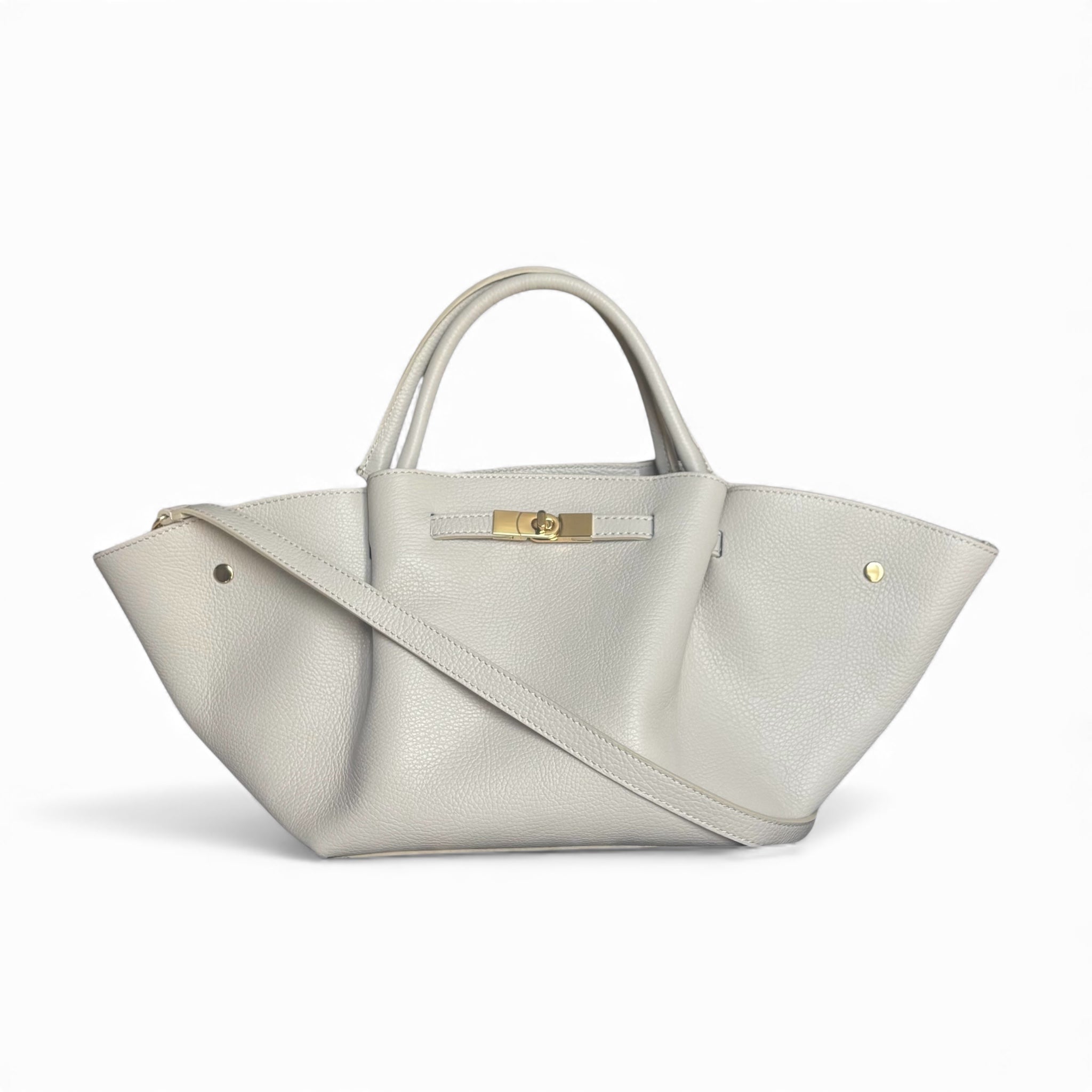 Cream Italian leather shopper tote on a white background with a removable leather shoulder strap 
