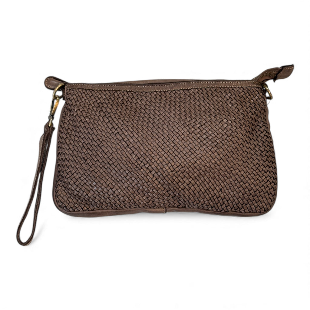Taupe brown woven Italian leather pouch on a white background 