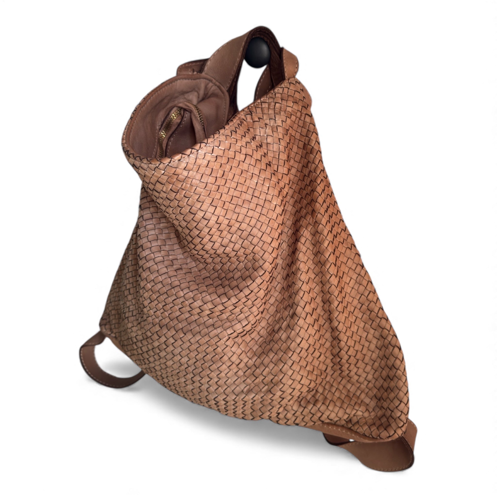 Taupe woven Italian leather handbag on a white background 