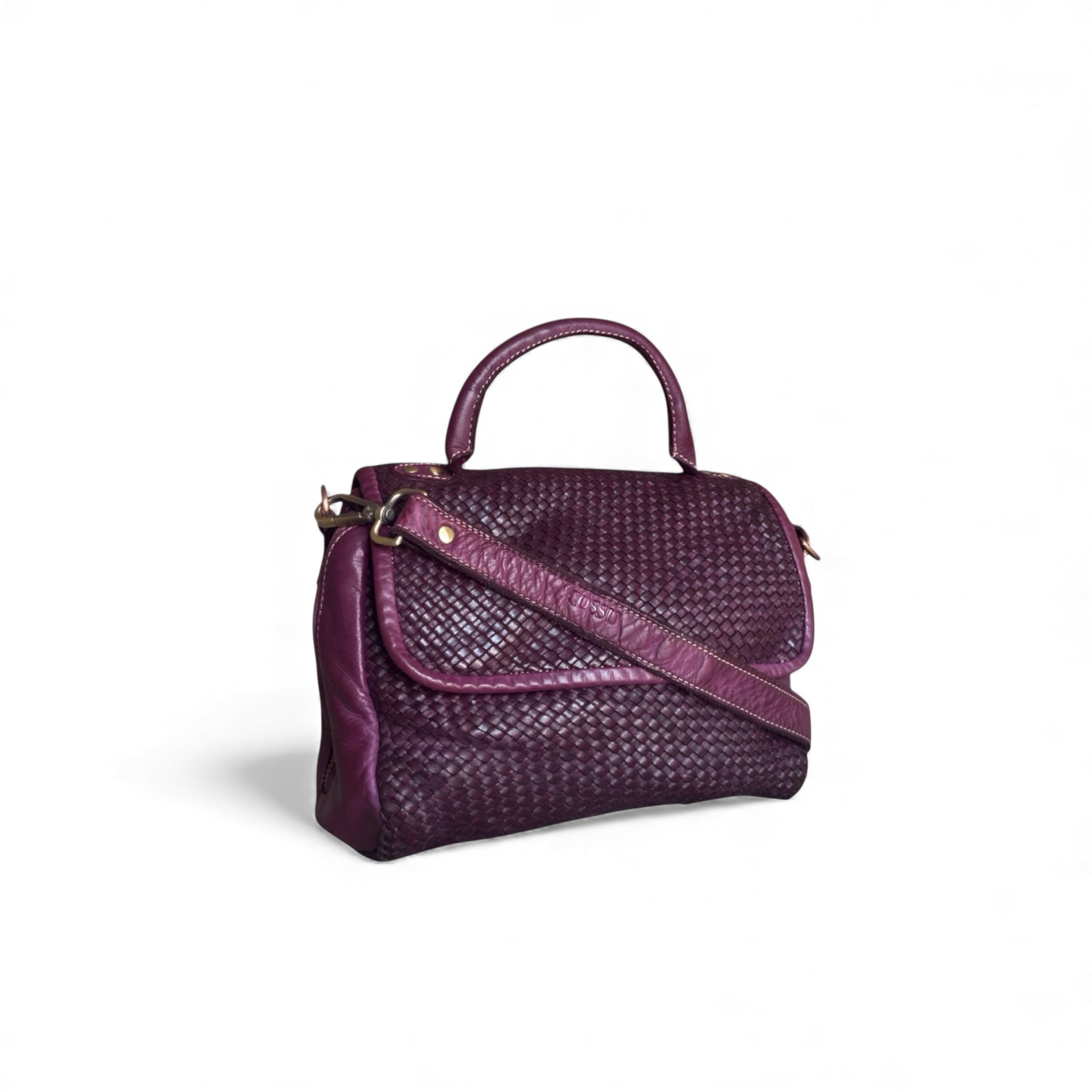 Burgundy Italian hand woven leather with a removable shoulder strap on a white background Sussex Kent Surrey Independent handbag retailer 