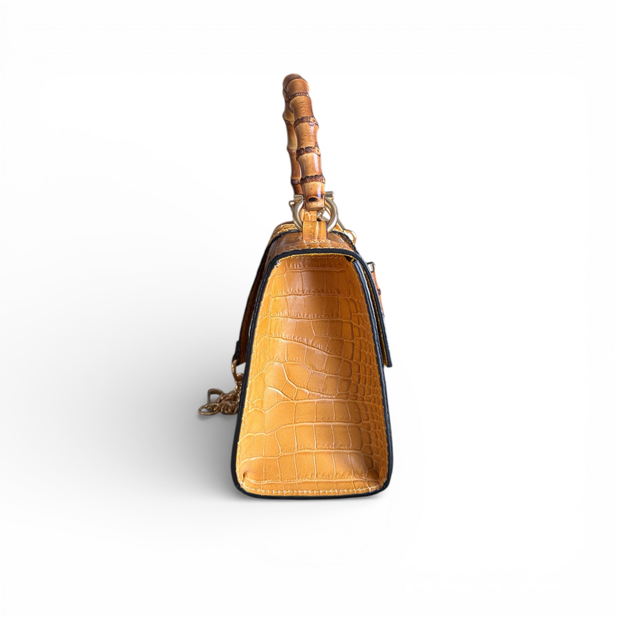 Side view of a yellow handbag on a white background 