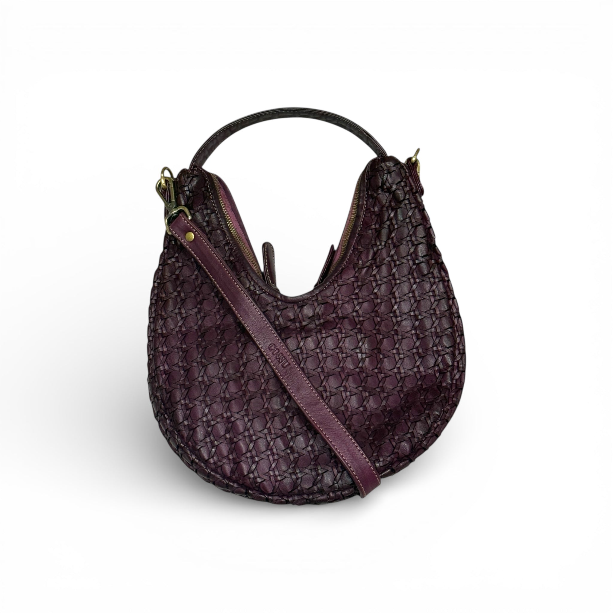 Hand woven Italian leather handbag on a white background colour burgundy 