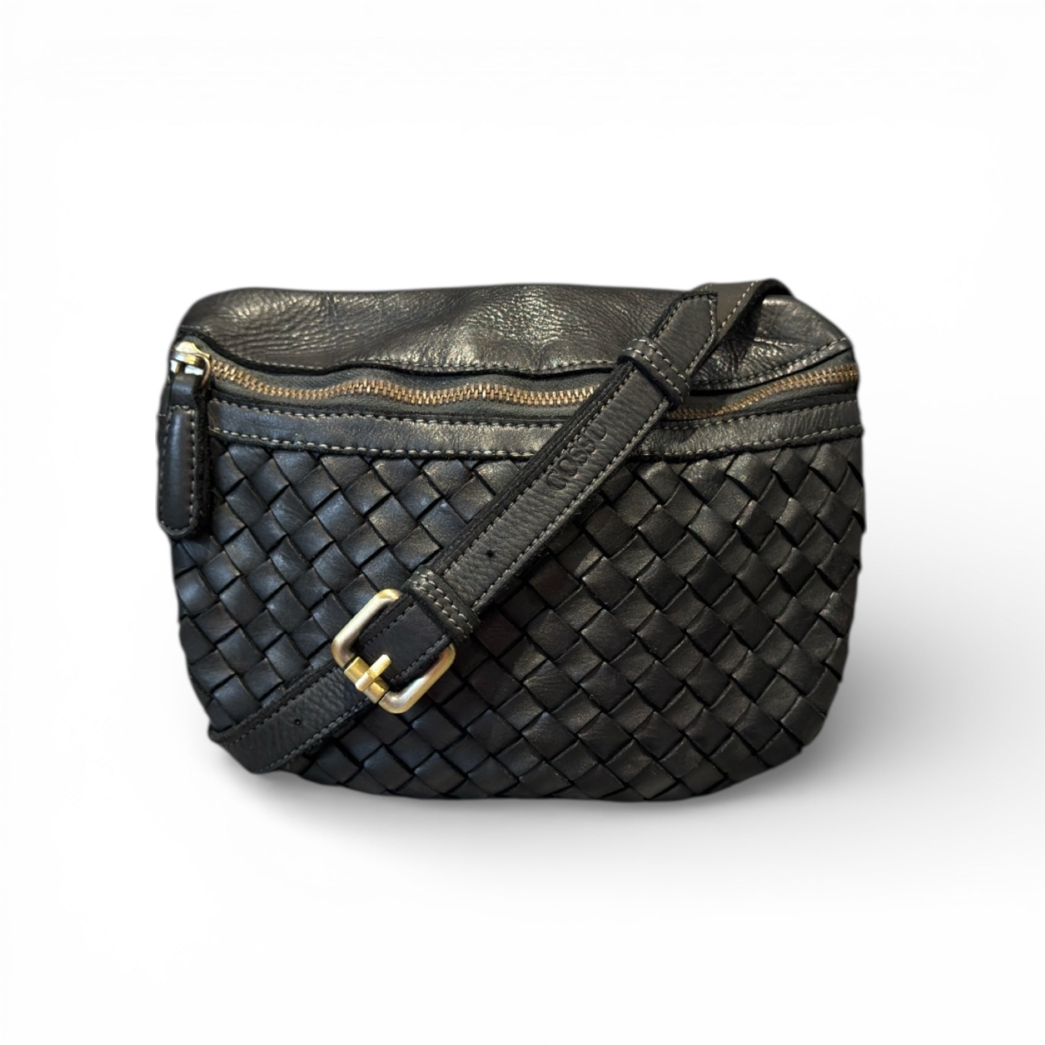 Black woven Italian leather cross body  with a gold buckle on a white background