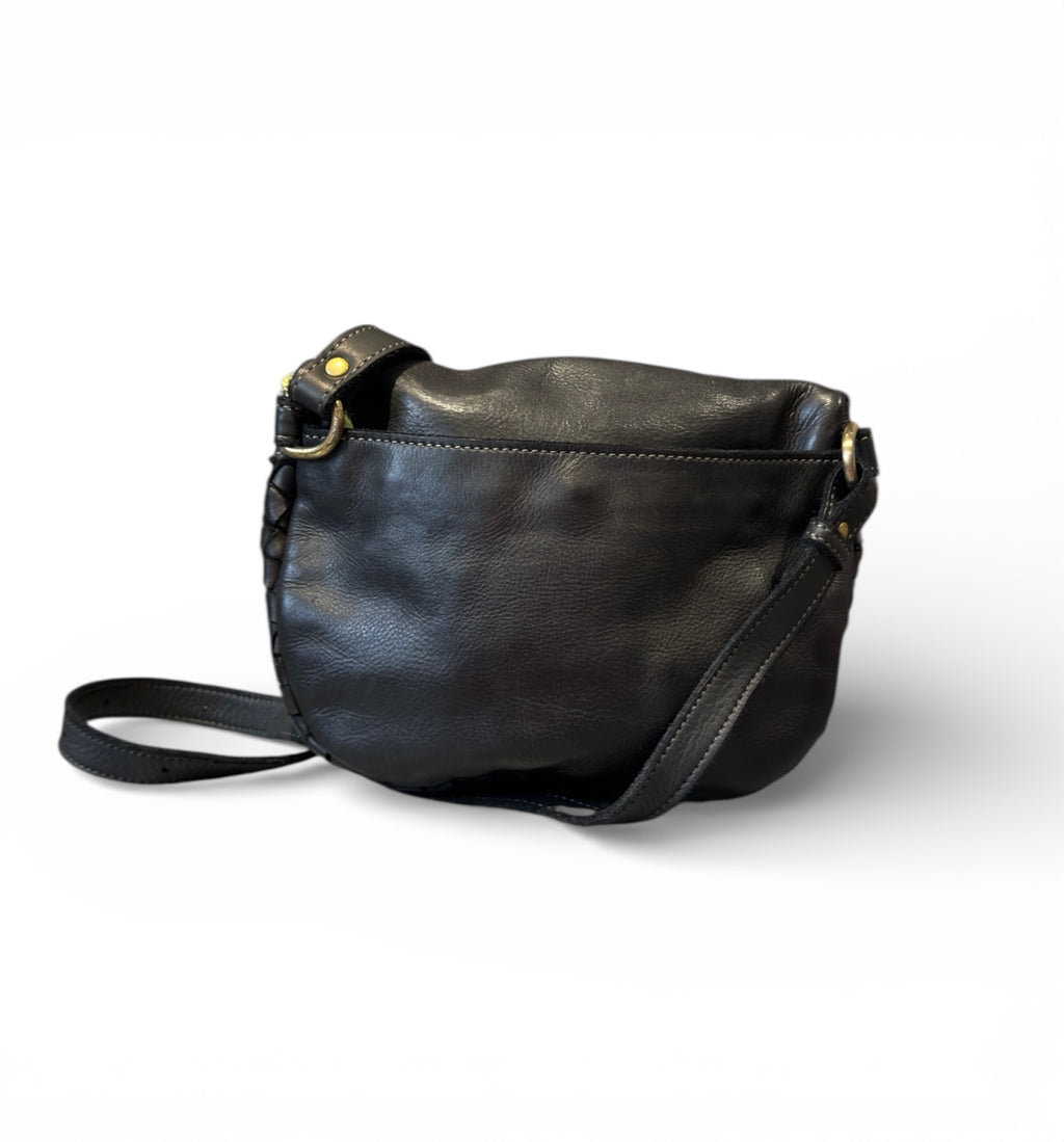 Black Italian leather crossbody / bumbag  on a white background, showing the back of the bag with a removable shoulder strap 