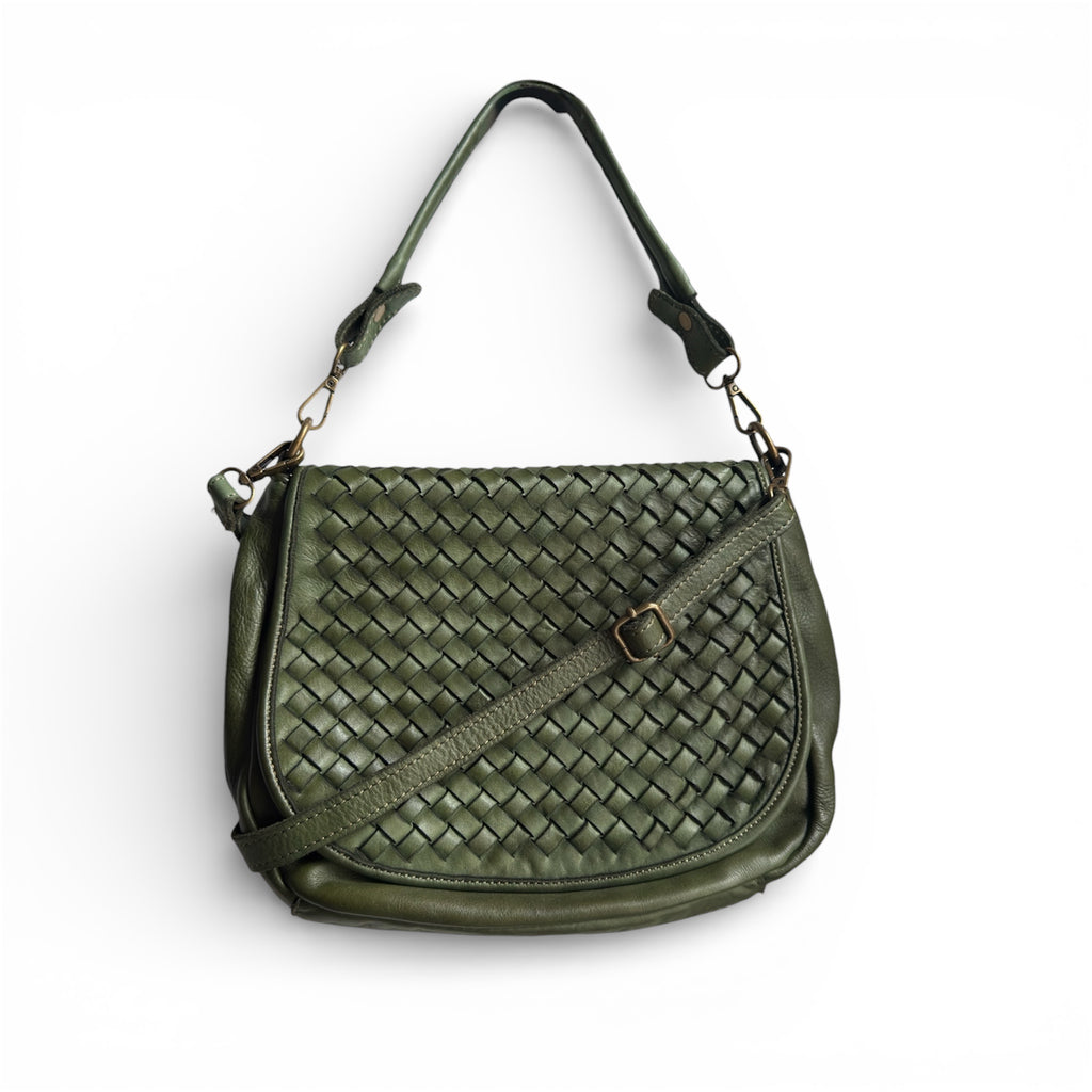 Olive Green woven Italian leather handbag on a white background with a removable shoulder strap 