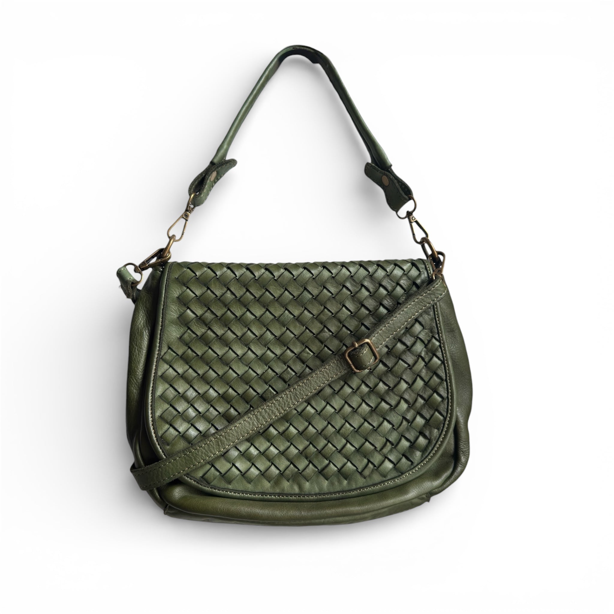 Olive Green woven Italian leather handbag on a white background with a removable shoulder strap 