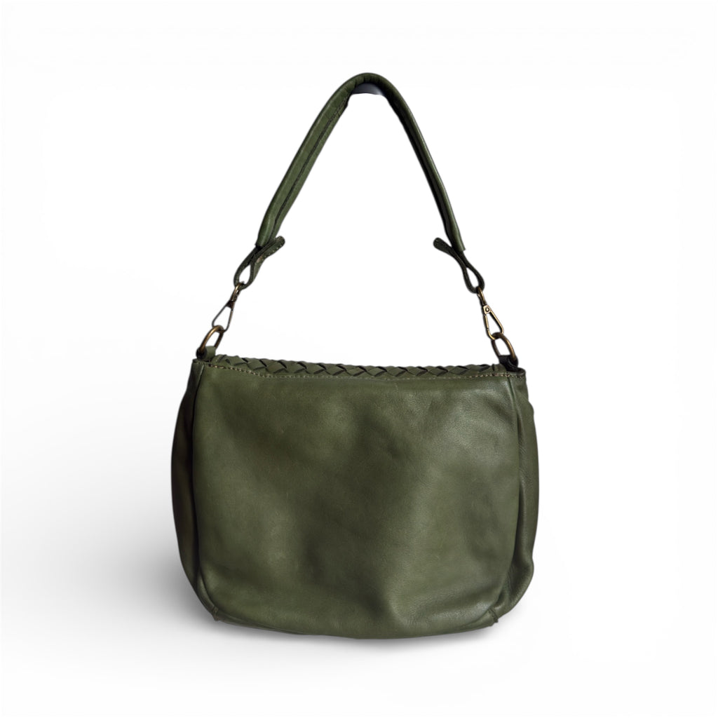 Shows the back of an olive green Italian leather vintage look handbag on a white background 