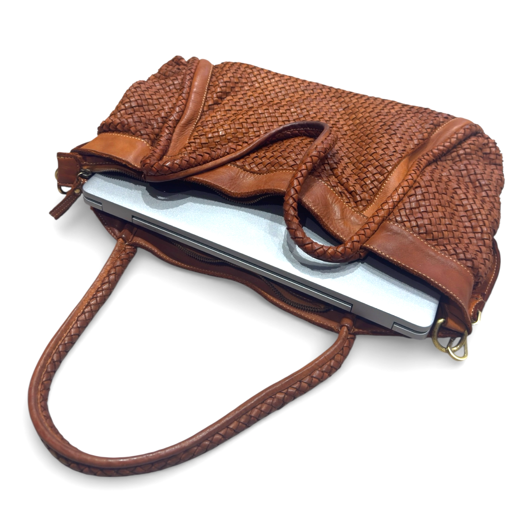 Tan woven bag showing a lap top fits inside Italian leather U.K. independence handbag retailer imported and made in Italy 