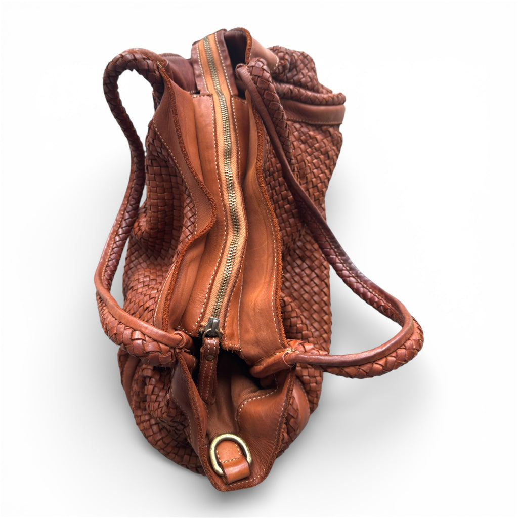Tan woven Italian leather handbag with braided design on a white background UK independent handbag retailer made in Italy 