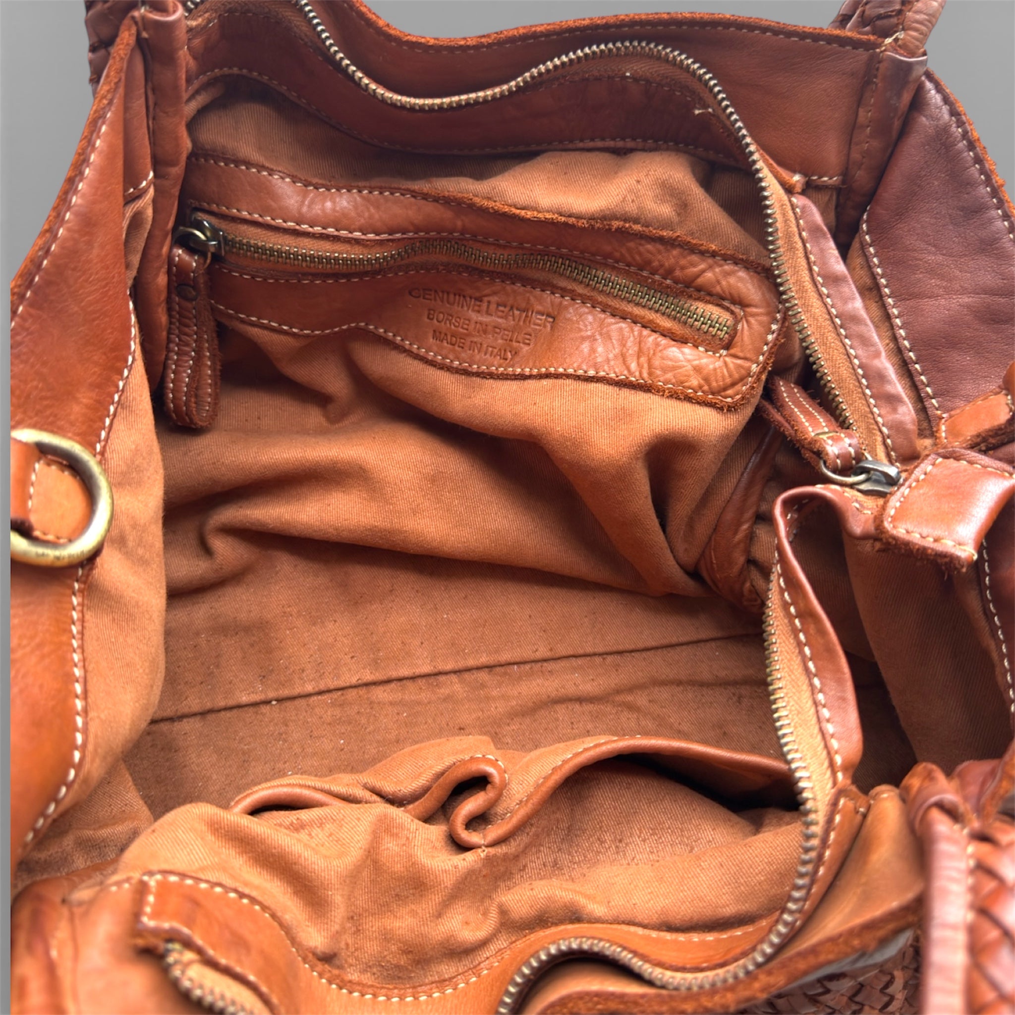 Close-up of a Tan Italian leather handbag with visible stitching and hardware. Made in Italy U.K. independent handbag retailer 