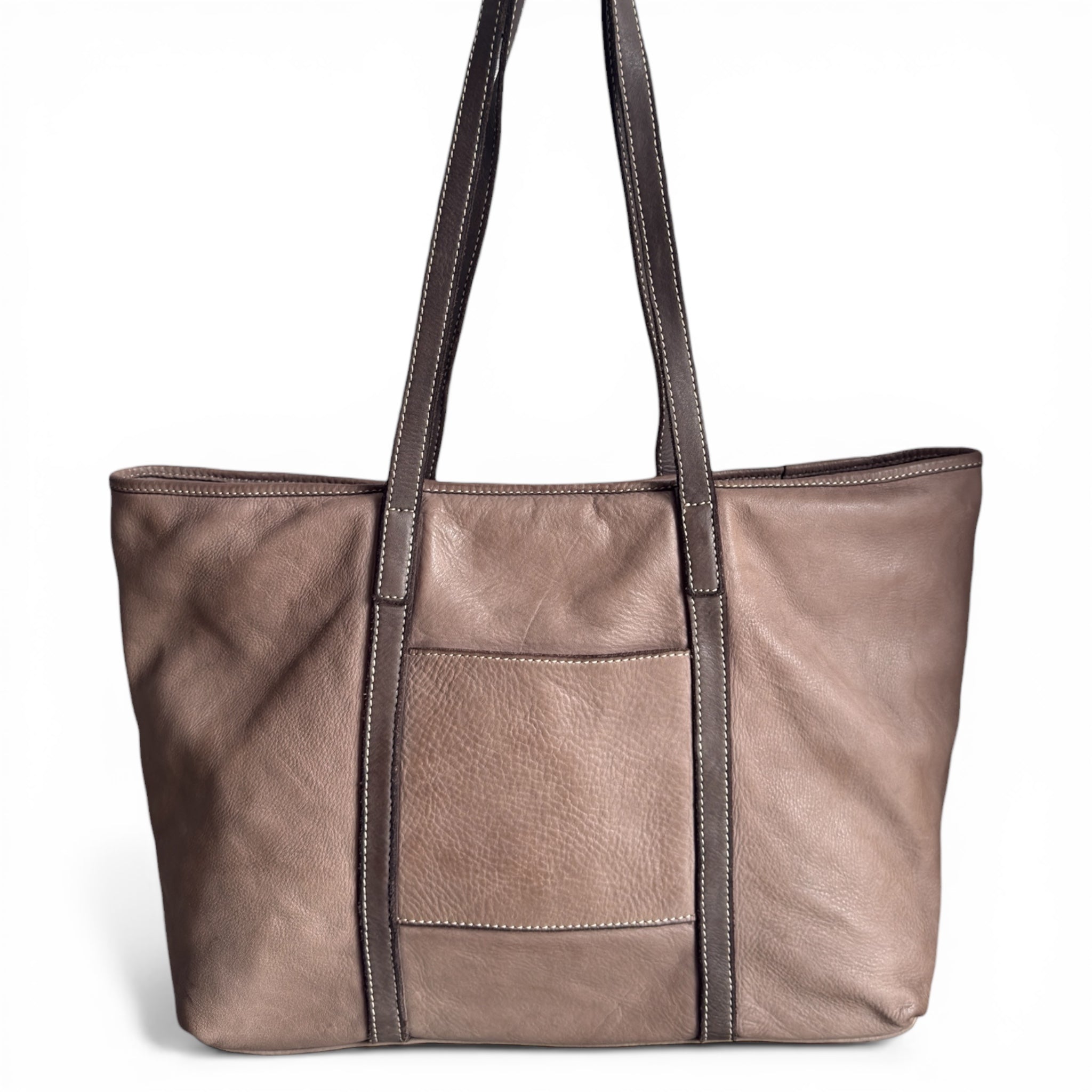 Taupe Italian leather tote bag on a white background. Made in Italy Calf leather 