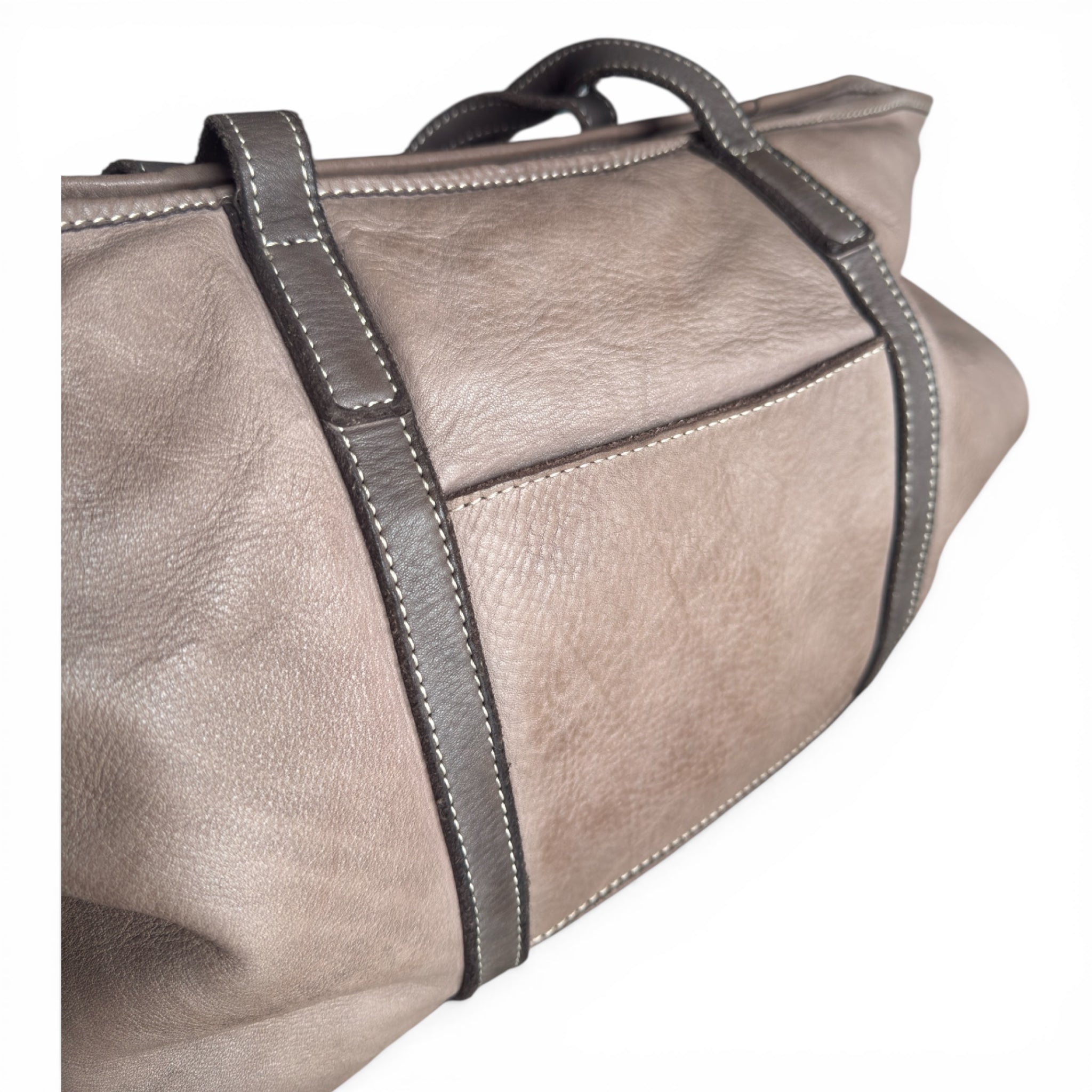 Taupe Italian leather tote bag with black stitching on a white background, made in Italy soft calf leather 