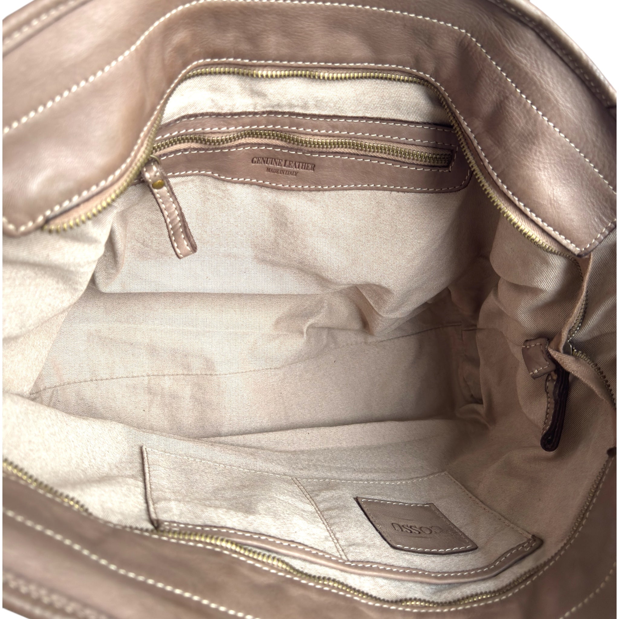 Inside of a Italian leather tote bag made in Florence Italy 