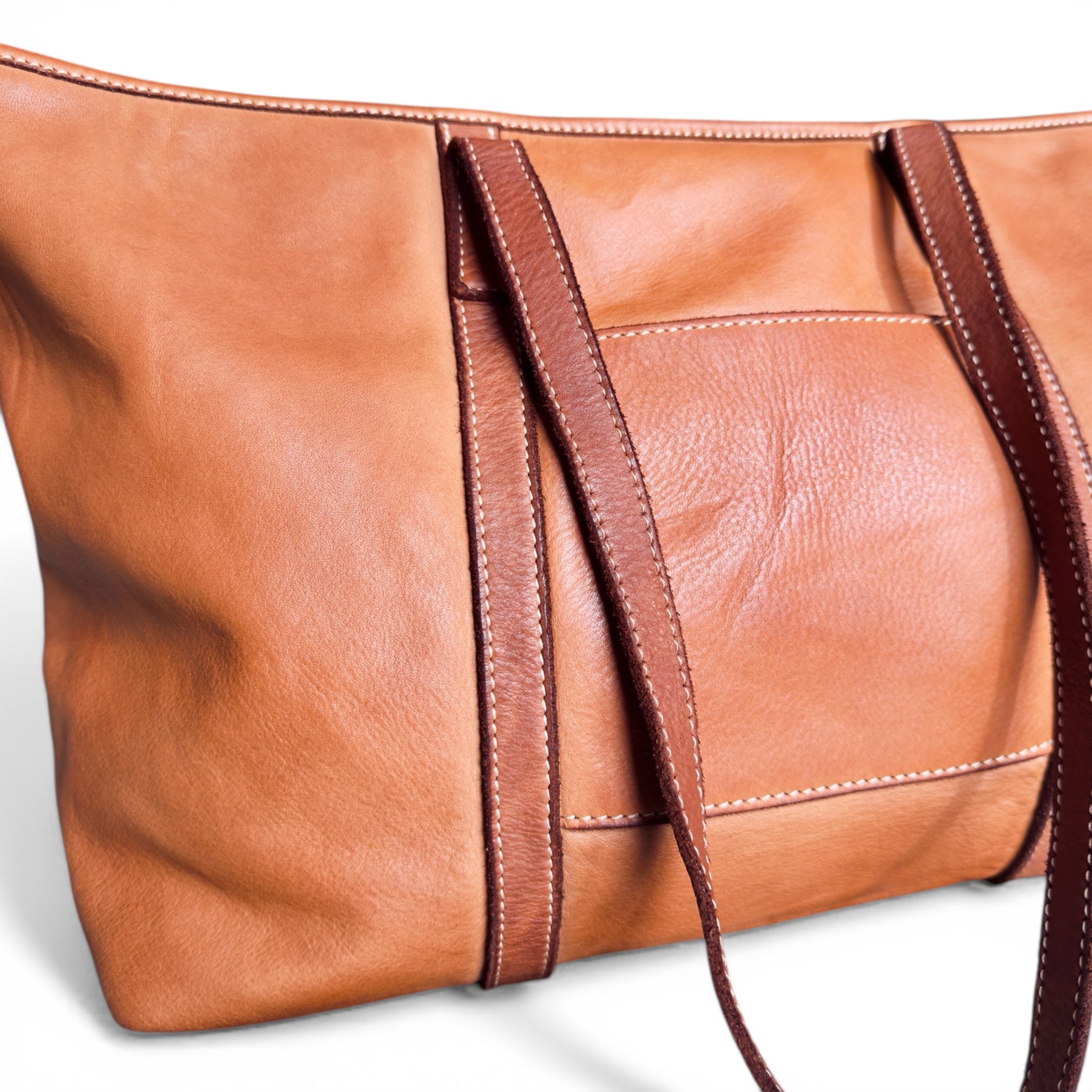 Tan Italian calf leather tote bag, showing the front with an external pocket made in Italy Independent UK retailer 