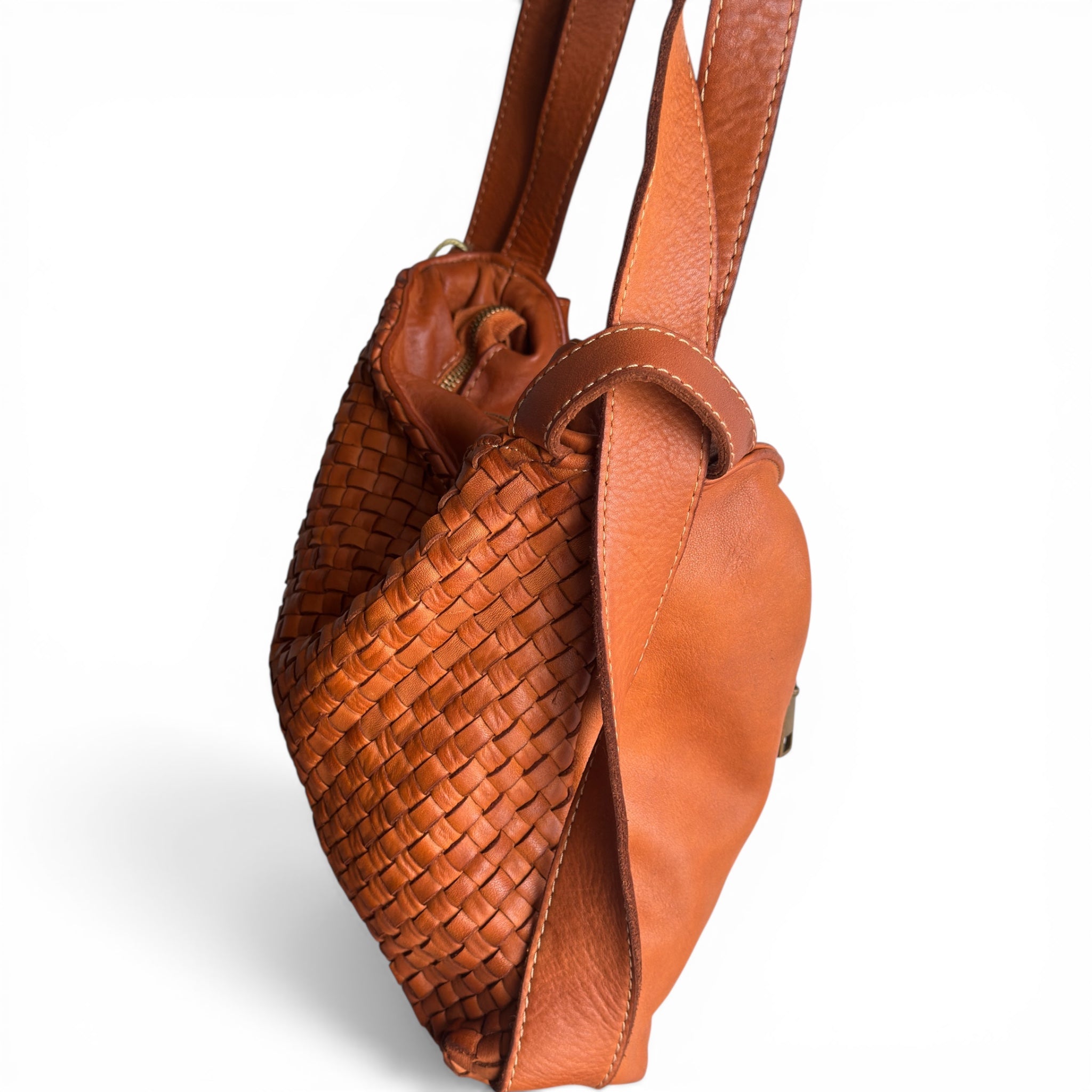 Tan Italian leather hobo handbag with woven pattern on a white background made in Italy Uk independent retailer 