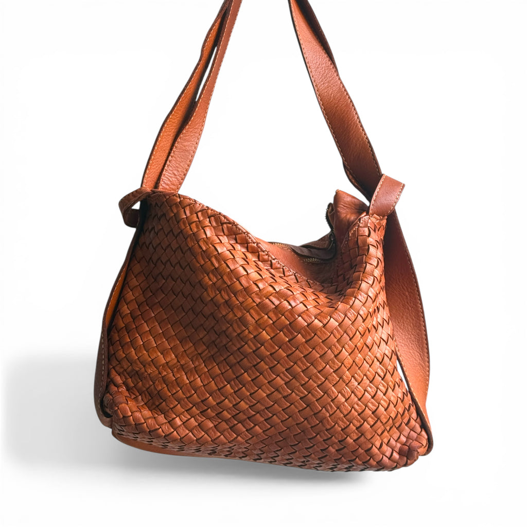 Italian woven leather handbag in warm tan leather