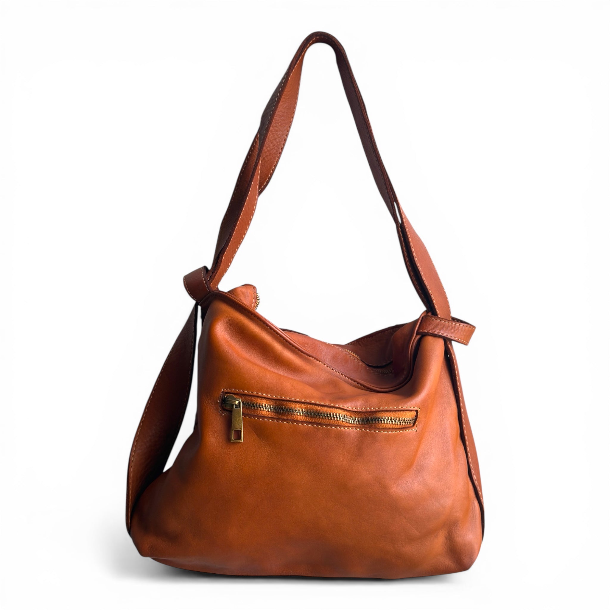 Tan Italian leather hobo bag showing outside zip pocket made in Italy UK independent retailer 
