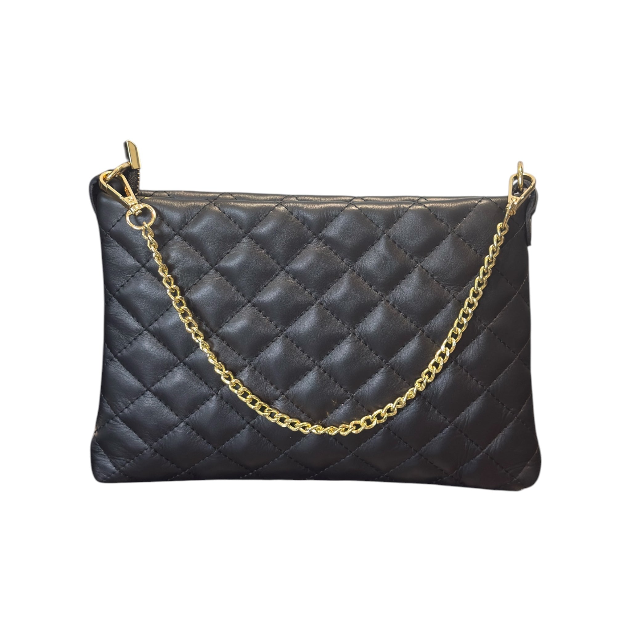 Black quilted Italian leather handbag with a gold chain strap on a white background