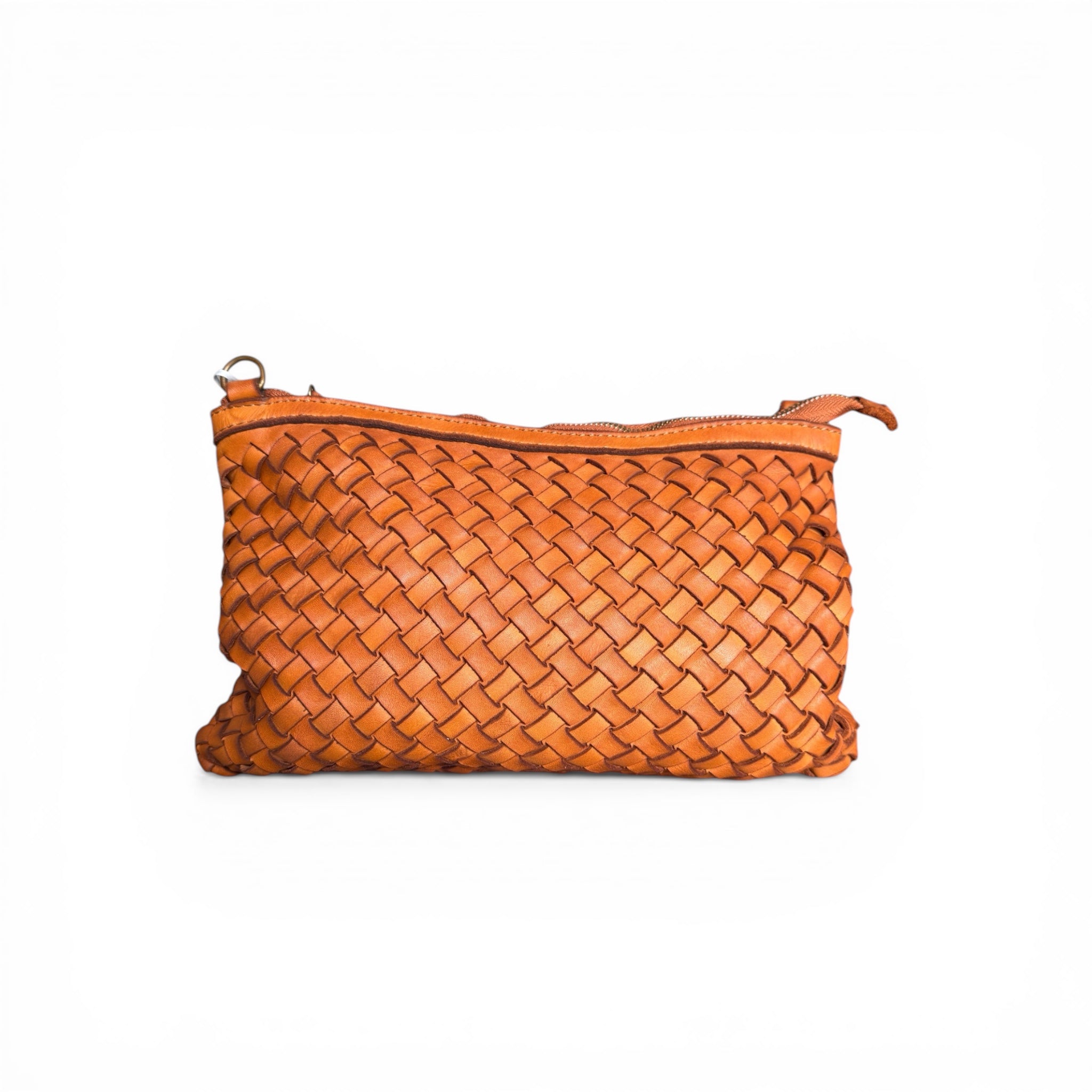 Tan hand woven Italian leather clutch bag on a white background outlet made in Italy perfectly imperfect 