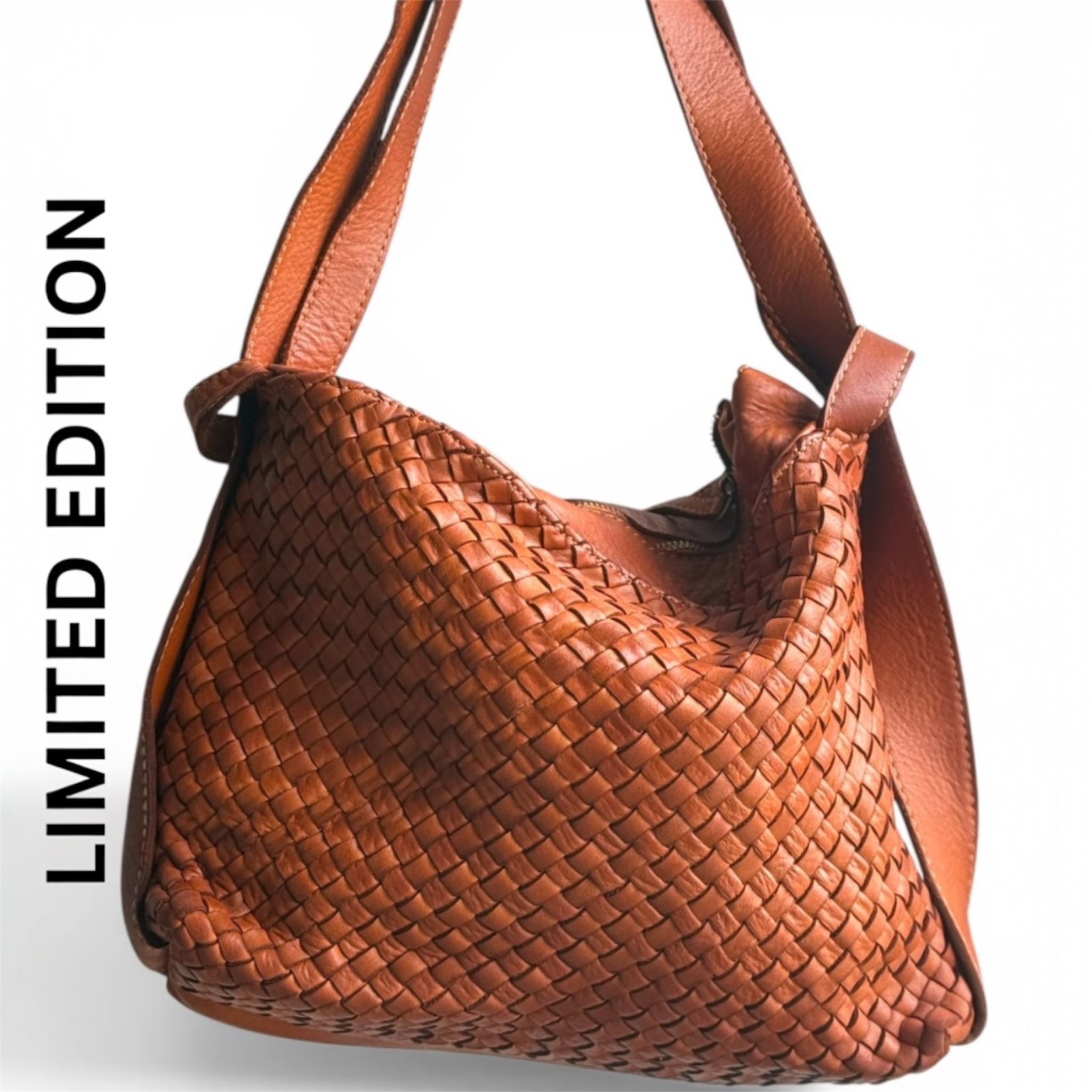 Brown woven handbag with 'Limited Edition' text on a white background
made in italy purse