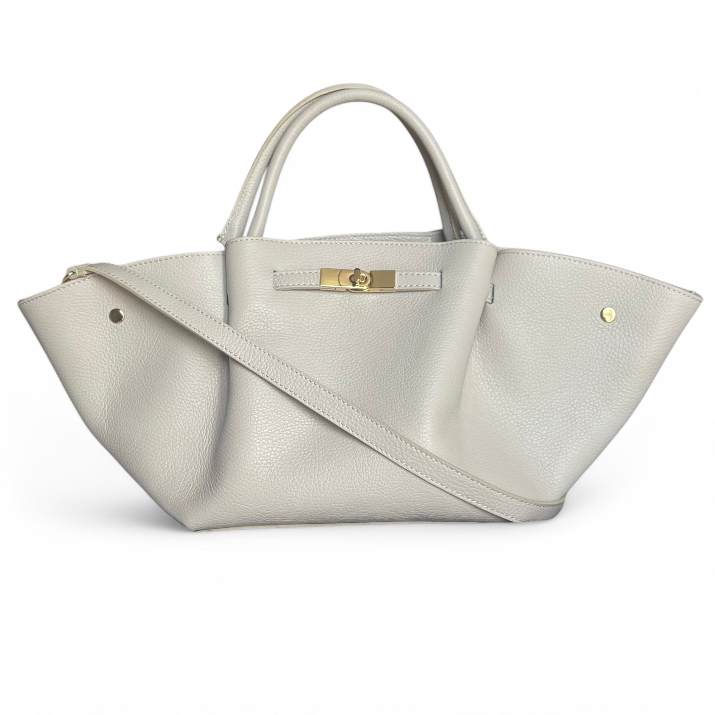 Cream leather handbag shopper tote with a removable shoulder strap on a white background
Made in Italy 