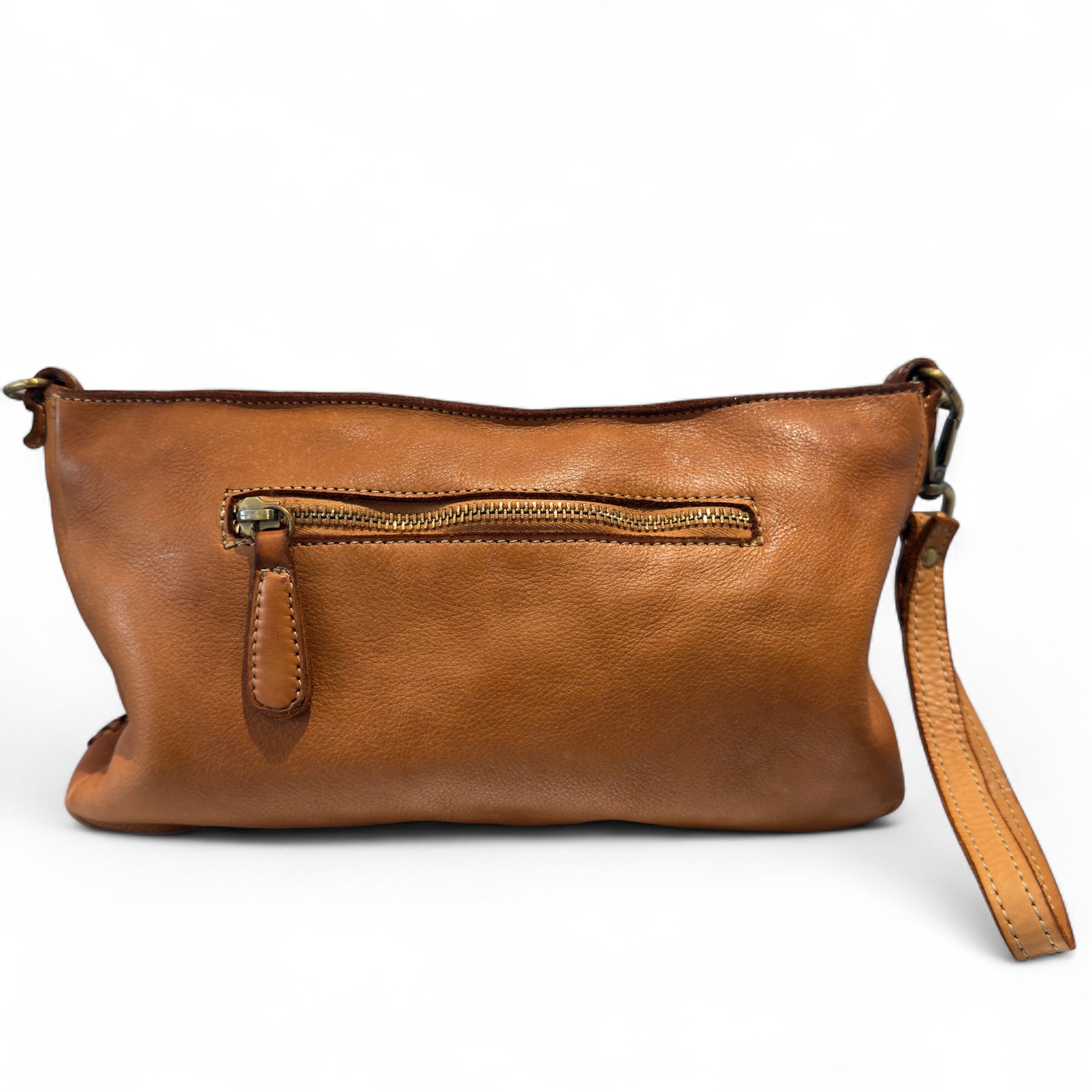 Tan Italian leather handwoven pouch handbag with a removable leather shoulder wrist strap on a white background zipped outer pocket made in Italy 